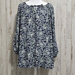 Chaps Navy Blue Green White Floral Tie Neck 3/4 Sleeve Blouse Size Medium